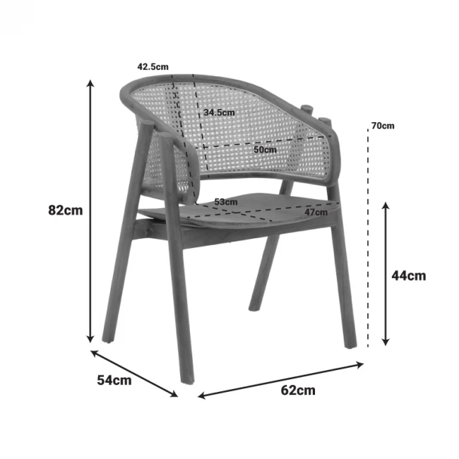 Πολυθρόνα Anlene pakoworld σκελετός teak ξύλο σε καρυδί απόχρωση με φυσικό rattan 62x54x82εκ