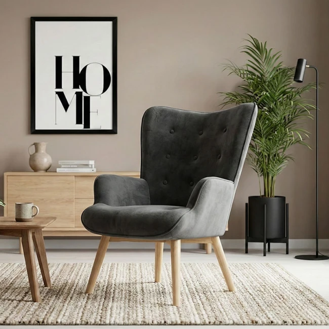 Armchair Fluffy pakoworld velvet fabric dark grey-natural leg 75x69x96cm