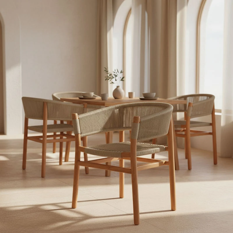 Kajone armchair pakoworld teak wood skeleton in natural shade and cream pe rope 62x55x75cm