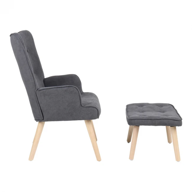 Armchair with footstool Melisia pakoworld fabric dark grey-natural color wooden leg 59x67x94cm