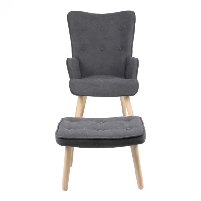 Armchair with footstool Melisia pakoworld fabric dark grey-natural color wooden leg 59x67x94cm