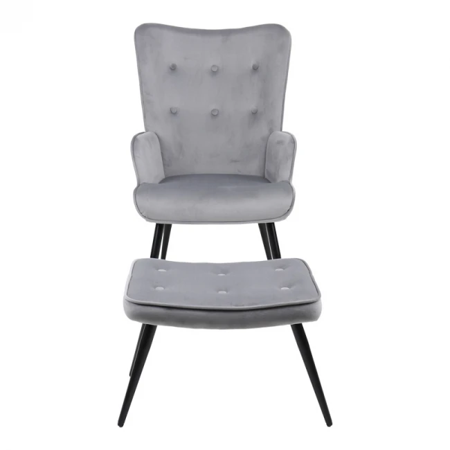 Armchair with footstool Siella pakoworld grey velvet-black metal leg 59x67x94cm