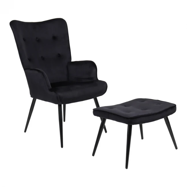 Armchair with footstool Siella pakoworld black velvet-black metal leg 59x67x94cm