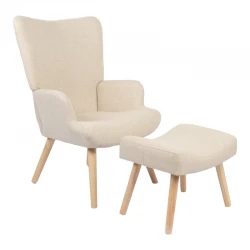 Armchair with footstool Gerlina pakoworld cream fabric and legs in natural color 71x64x94cm