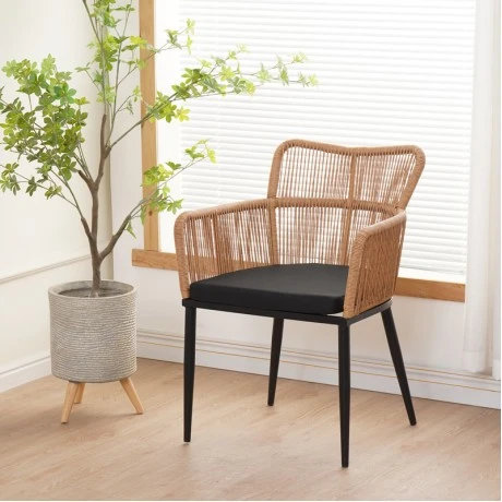 Naoki Pakoworld Armchair pe rattan -metal in Natural Finish with Black Legs/Cushion 59x62.5x82cm