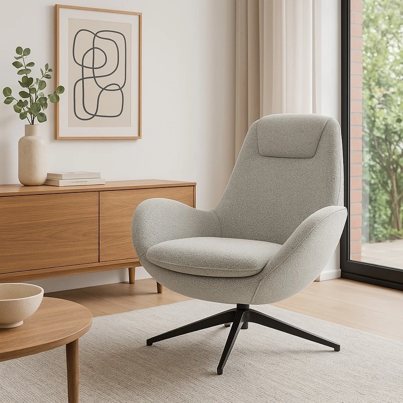 Armchair rotating Flago pakoworld boucle fabric in light gray shade 85x88x103.5cm