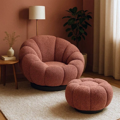 Nester pakoworld swivel armchair with stool boucle fabric in rotten apple color 98x97x69cm