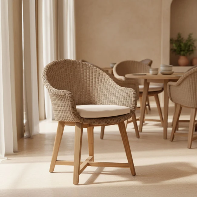 Πολυθρόνα Solso pakoworld σκελετός αλουμινίου με teak πόδι σε φυσική απόχρωση και pe rattan 62x58x78εκ