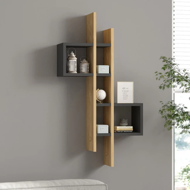 Ραφιέρα τοίχου Garel pakoworld σε oak-ανθρακί απόχρωση 53,8x19,6x108εκ
