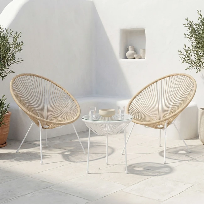 Σαλόνι Εξωτερικού Χώρου Acapulco pakoworld  Σετ 3τεμ pe rattan σε φυσική απόχρωση με λευκό μέταλλο Φ50x52εκ