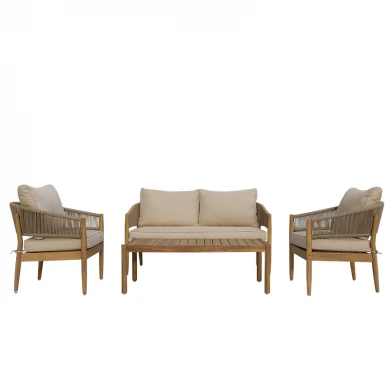 Σαλόνι εξωτερικού χώρου Lemanda pakoworld μασίφ ξύλο ακακίας με σχοινί και μπεζ μαξιλάρια