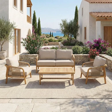 Σαλόνι εξωτερικού χώρου Malibu II pakoworld ξύλο ακακίας με σχοινί σε φυσική απόχρωση και μπεζ μαξιλάρια