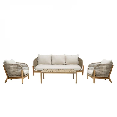 Σαλόνι εξωτερικού χώρου Verilan pakoworld μασίφ ξύλο ακακίας με σχοινί και μπεζ μαξιλάρια