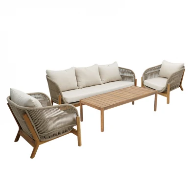 Σαλόνι εξωτερικού χώρου Verilan pakoworld μασίφ ξύλο ακακίας με σχοινί και μπεζ μαξιλάρια