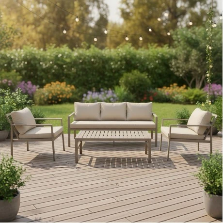 Gardenly Ι pakoworld lounge set 4pcs aluminum in cappuccino color with grey-beige cushions