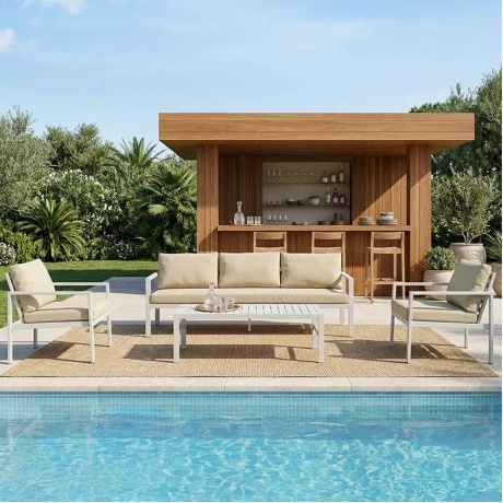 Gardenly Ι pakoworld lounge set 4pcs aluminum in white color with grey-beige cushions
