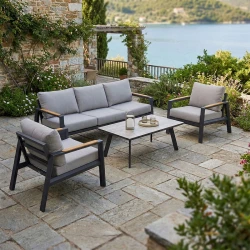 Σαλόνι κήπου Aeria pakoworld 4τεμ αλουμίνιο σε ανθρακί απόχρωση - teak - ύφασμα γκρι