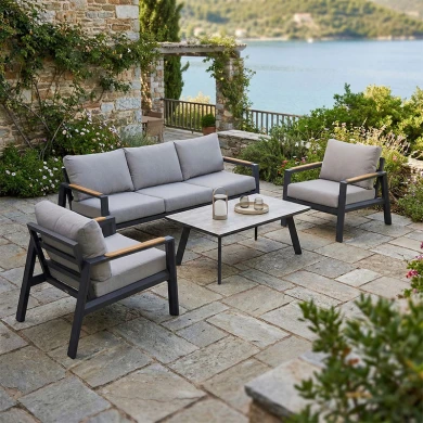 Σαλόνι κήπου Aeria pakoworld 4τεμ αλουμίνιο σε ανθρακί απόχρωση - teak - ύφασμα γκρι