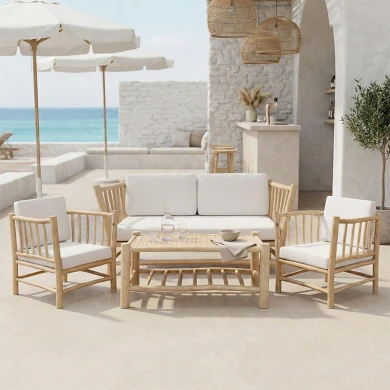 Σαλόνι Mayorka pakoworld σετ 4 τεμαχίων φυσικό teak ξύλο-λευκό μαξιλάρι