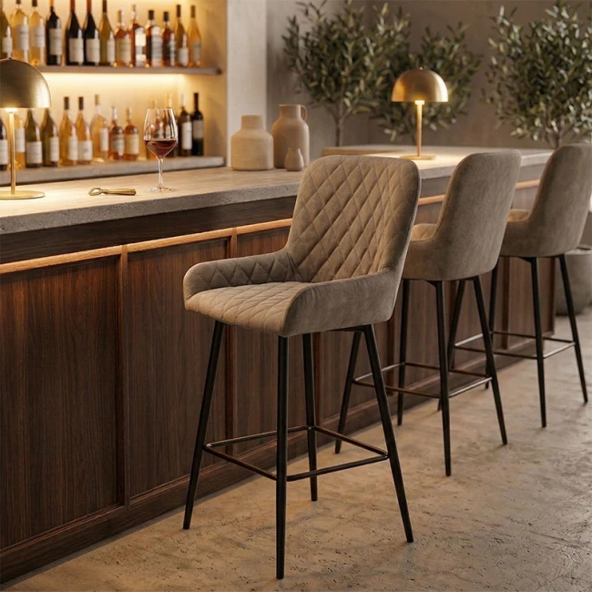 Bar Stool Delicacy metal black legs-fabric antique grey-brown color