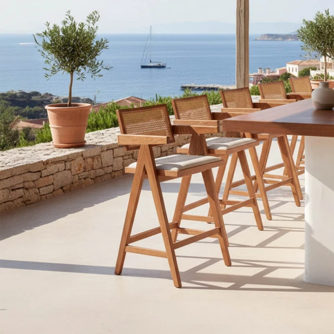 Bar stool with arms Winslow pakoworld wood rubberwood light walnut-pvc rattan natural-fabric gray