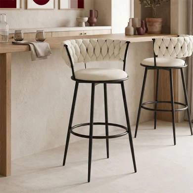 Alkia I pakoworld bar stool fabric in ecru color - black metal leg 50x56x95cm