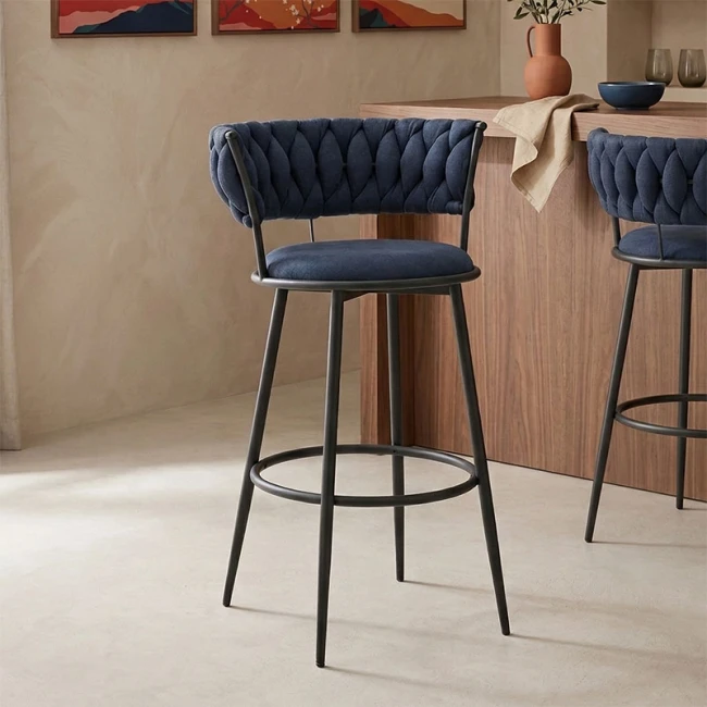 Alkia I pakoworld bar stool fabric in dark blue color - black metal leg 50x56x95cm