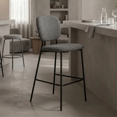 Cathair pakoworld bar stool bouclé fabric in dark grey color with black metallic legs 48x54x100cm