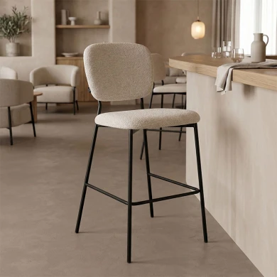 Cathair pakoworld bar stool bouclé fabric in beige color with black metallic legs 48x54x100cm