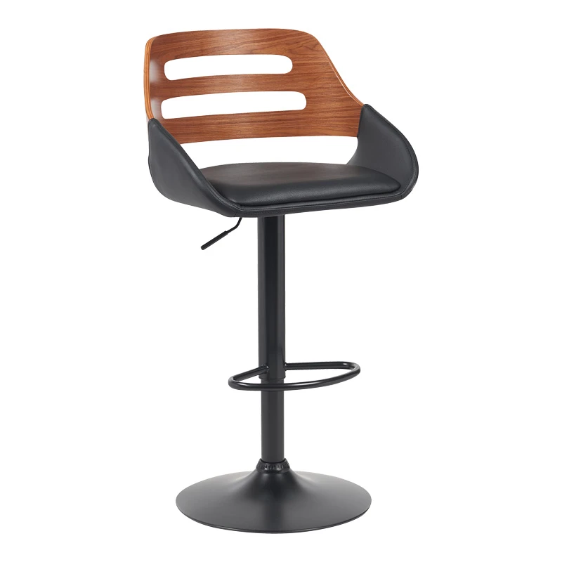 Fern pakoworld folding-swivel bar stool black pu- walnut wood - black metal 52x48.5x87.5-110.5cm