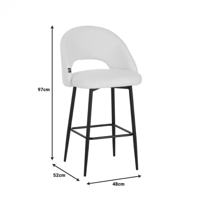 Masebo pakoworld bar stool bouclé in black color with black metallic legs 48x52x97cm