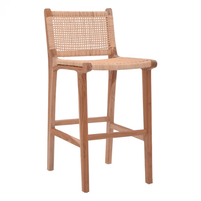 Bar stool medium height Sponze pakoworld natural color teak wood skeleton and natural rattan 40x47x89cm