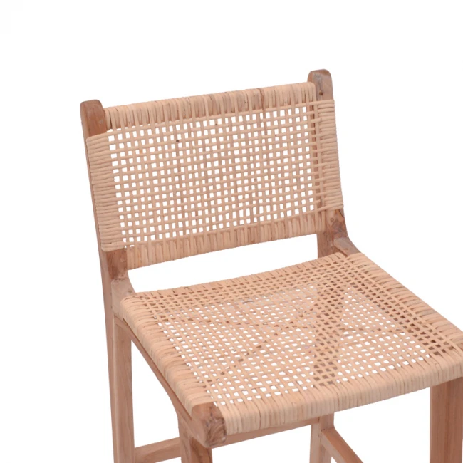 Bar stool medium height Sponze pakoworld natural color teak wood skeleton and natural rattan 40x47x89cm