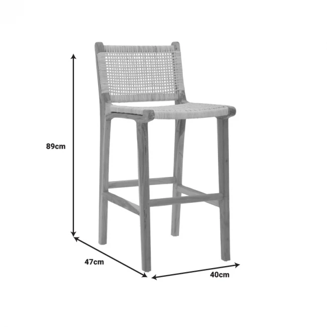 Bar stool medium height Sponze pakoworld natural color teak wood skeleton and natural rattan 40x47x89cm