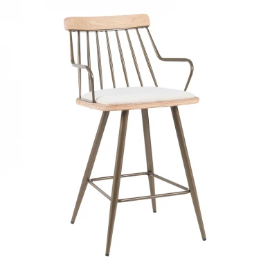 Posse bar stool pakoworld bronze metal-white wash wood-beige fabric 48x54x92.5cm