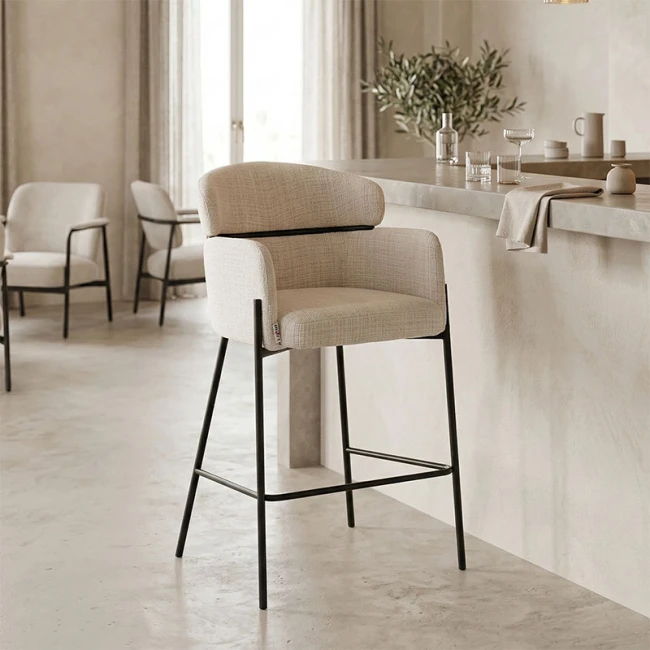 Bar stool Tolerse Inart beige fabric-leg black metal