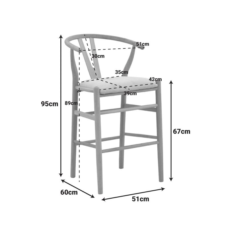 Middle-height bar stool Wishbone pakoworld rubberwood-fabric in natural-grey color 51x60x95cm