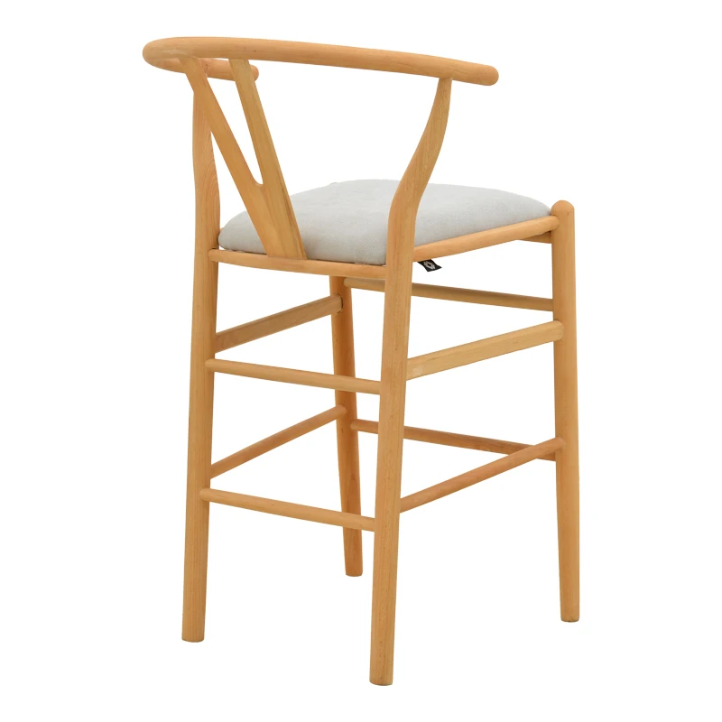 Middle-height bar stool Wishbone pakoworld rubberwood-fabric in natural-grey color 51x60x95cm