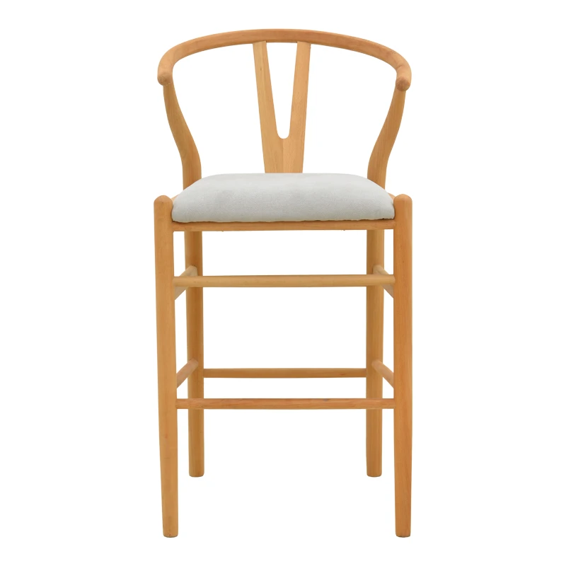 Middle-height bar stool Wishbone pakoworld rubberwood-fabric in natural-grey color 51x60x95cm
