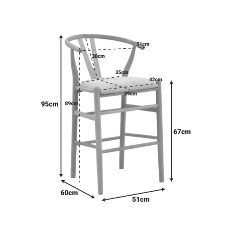 Middle-height bar stool Wishbone pakoworld rubberwood-fabric in natural-beige color 51x60x95cm