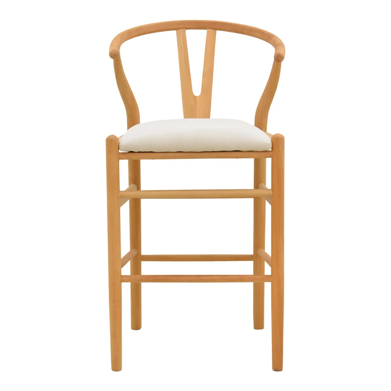 Middle-height bar stool Wishbone pakoworld rubberwood-fabric in natural-beige color 51x60x95cm