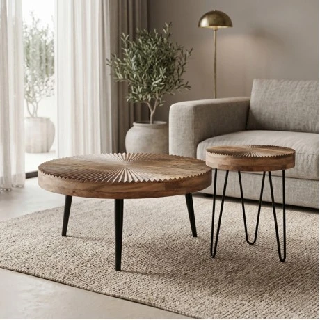 Set of 2 pieces coffee tables Lemia pakoworld mango wood in natural color and black metal leg