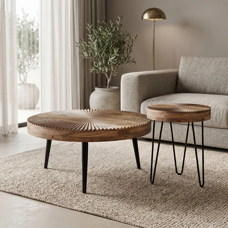 Set of 2 pieces coffee tables Lemia pakoworld mango wood in natural color and black metal leg