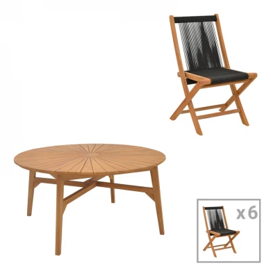 Τραπεζαρία 7τεμ. Banou-Colen pakoworld teak ξύλο σε φυσική-μαυρη απόχρωση Φ150x75εκ