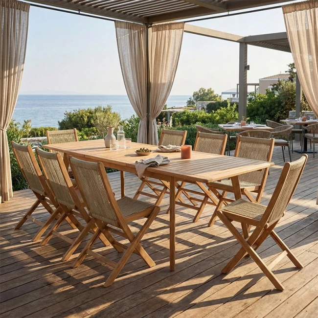 Τραπεζαρία 9 τεμ. Banou-Pino pakoworld teak ξύλο σε φυσική απόχρωση 180/240x100x75εκ