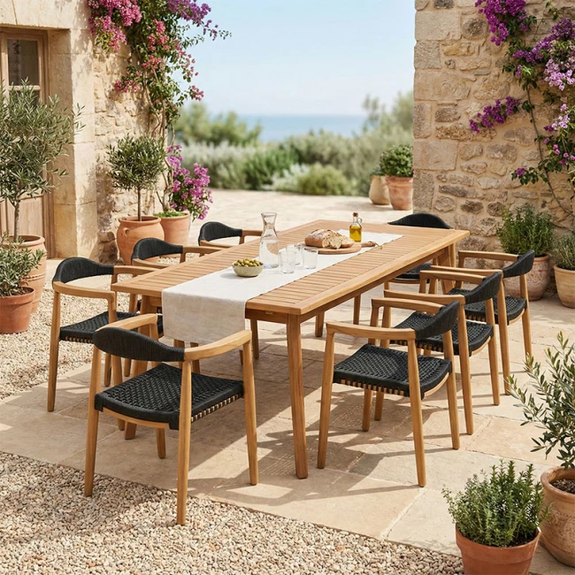 Τραπεζαρία 9 τεμ. Ganny-Pino pakoworld teak ξύλο σε φυσική - μαυρη απόχρωση 180/240x100x75εκ