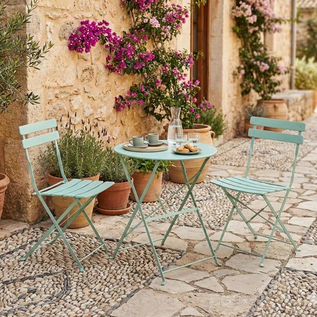 Bistro dining table pakoworld set of 3 pieces, metal, foldable, mint color, Φ60x71cm