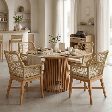 Τραπεζαρία Elaiza-Kenda I pakoworld σετ 5τεμ teak ξύλο σε φυσική-μπεζ απόχρωση Φ120x75εκ