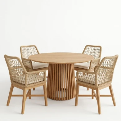 Τραπεζαρία Elaiza-Kenda I pakoworld σετ 5τεμ teak ξύλο σε φυσική-μπεζ απόχρωση Φ120x75εκ