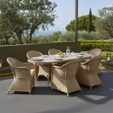 Tραπεζαρία Hadrian-Keir pakoworld σετ 7τεμ καφέ rattan-μπεζ textilene-καφέ αλουμίνιο 180x90x72εκ